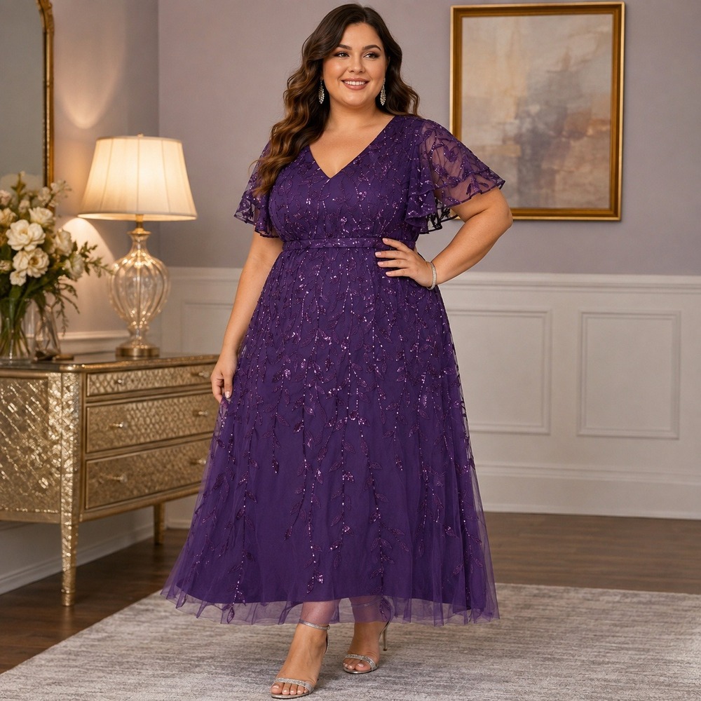 Ever-Pretty Purple Sequin Leaf Mesh Flutter Sleeve Evening Gown Dress 18 1XL